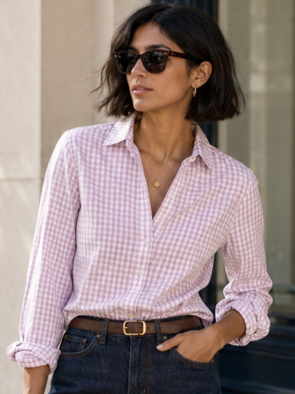 J.Crew Lavender Gingham Women's Stretch Perfect Button Down, Size Large, Preppy